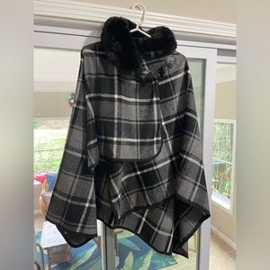 Black Plaid Shawl with Faux Fur Collar